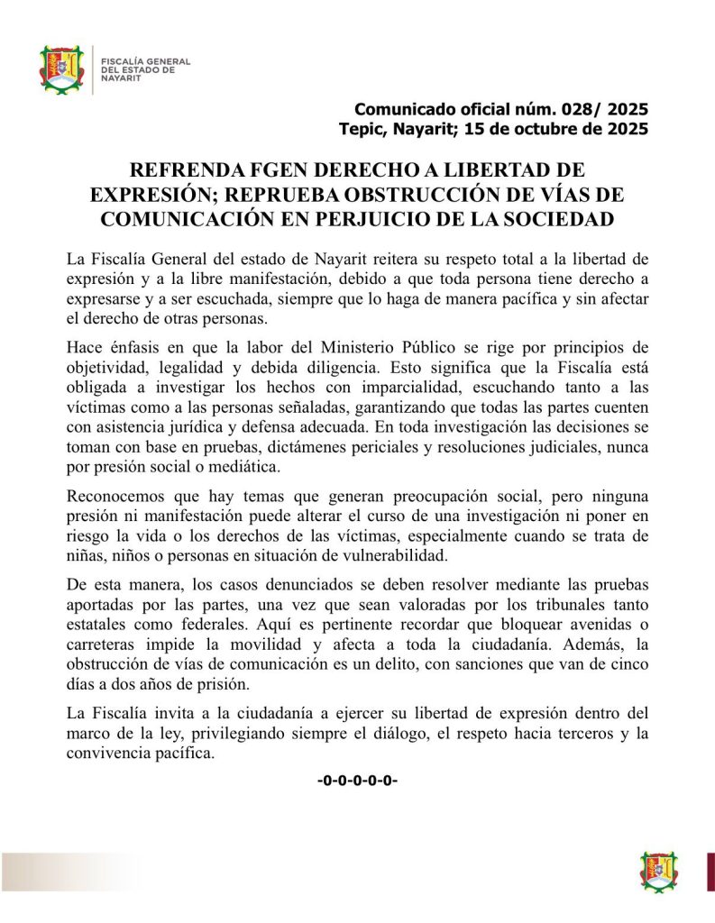 REFRENDA FGEN DERECHO A LIBERTAD DE EXPRESIÓN; REPRUEBA OBSTRUCCIÓN DE VÍAS DE COMUNICACIÓN EN PERJUICIO DE LA SOCIEDAD